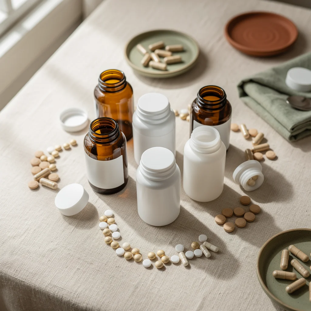 Premium supplement bottles and capsules arranged on cream linen surface