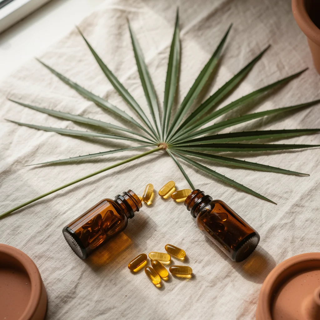 Hair loss supplement bottles with saw palmetto sprig and biotin capsules on linen