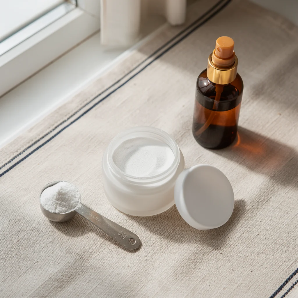 Amino acid powder jar and amber spray bottle on cream linen