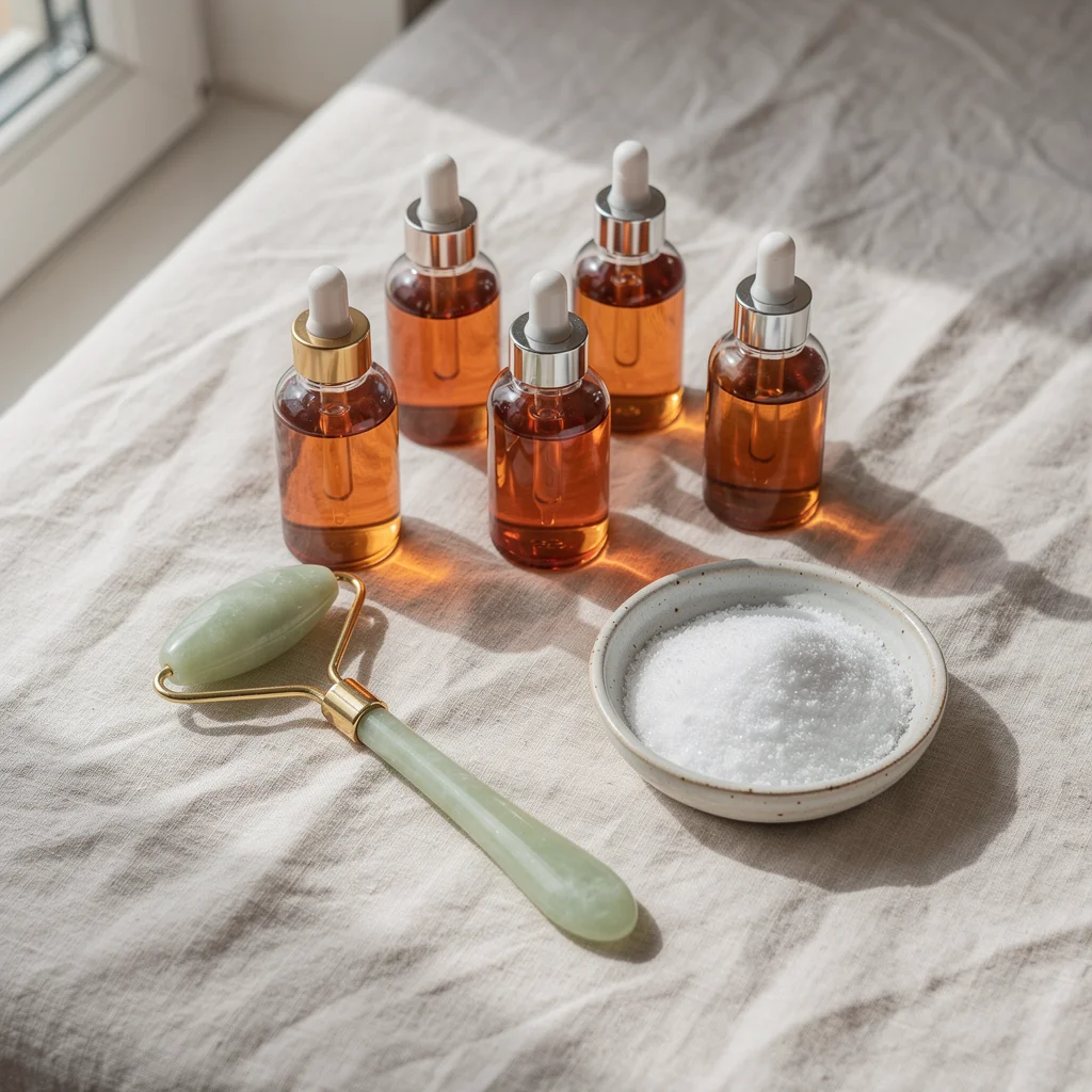 Skincare serum droppers, jade roller, and collagen powder on cream linen