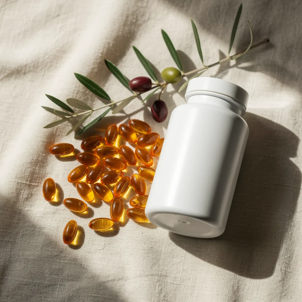 Omega-3 fish oil softgels and supplement bottle with olive sprig on cream linen