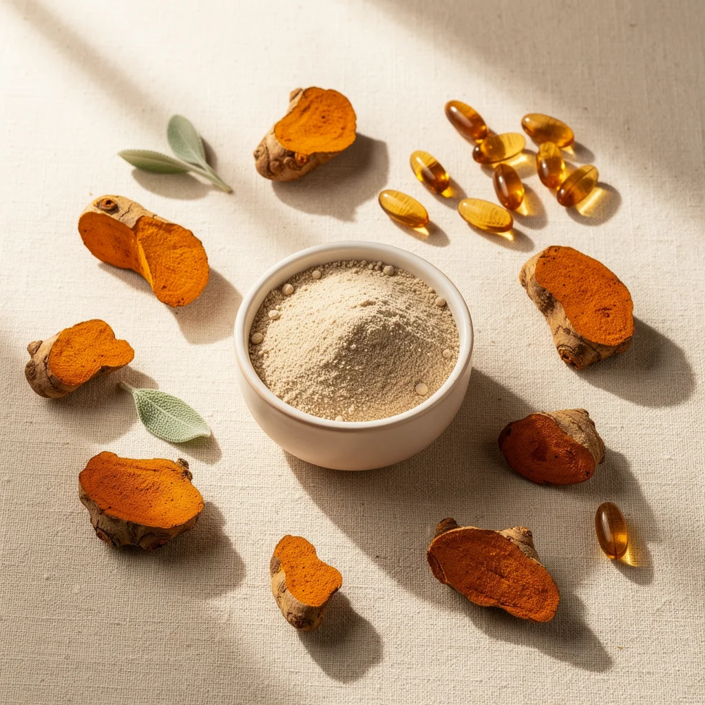 Turmeric root, collagen powder, and joint supplement capsules on cream linen