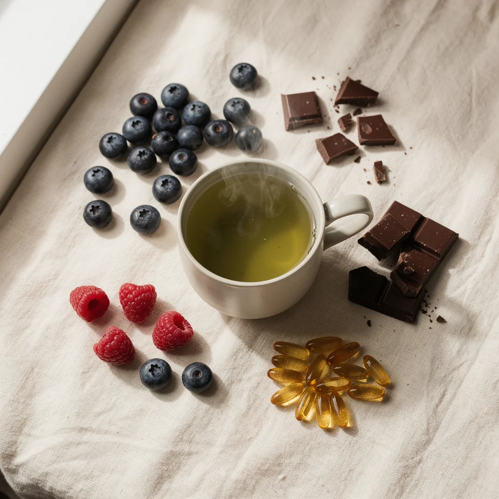 Vibrant berries, green tea, dark chocolate, and resveratrol supplement still life